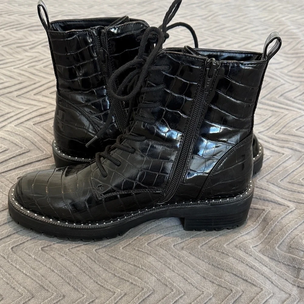 A New Day Black Croc-Embossed Lace-Up Comabt Boots - Picture 8 of 14